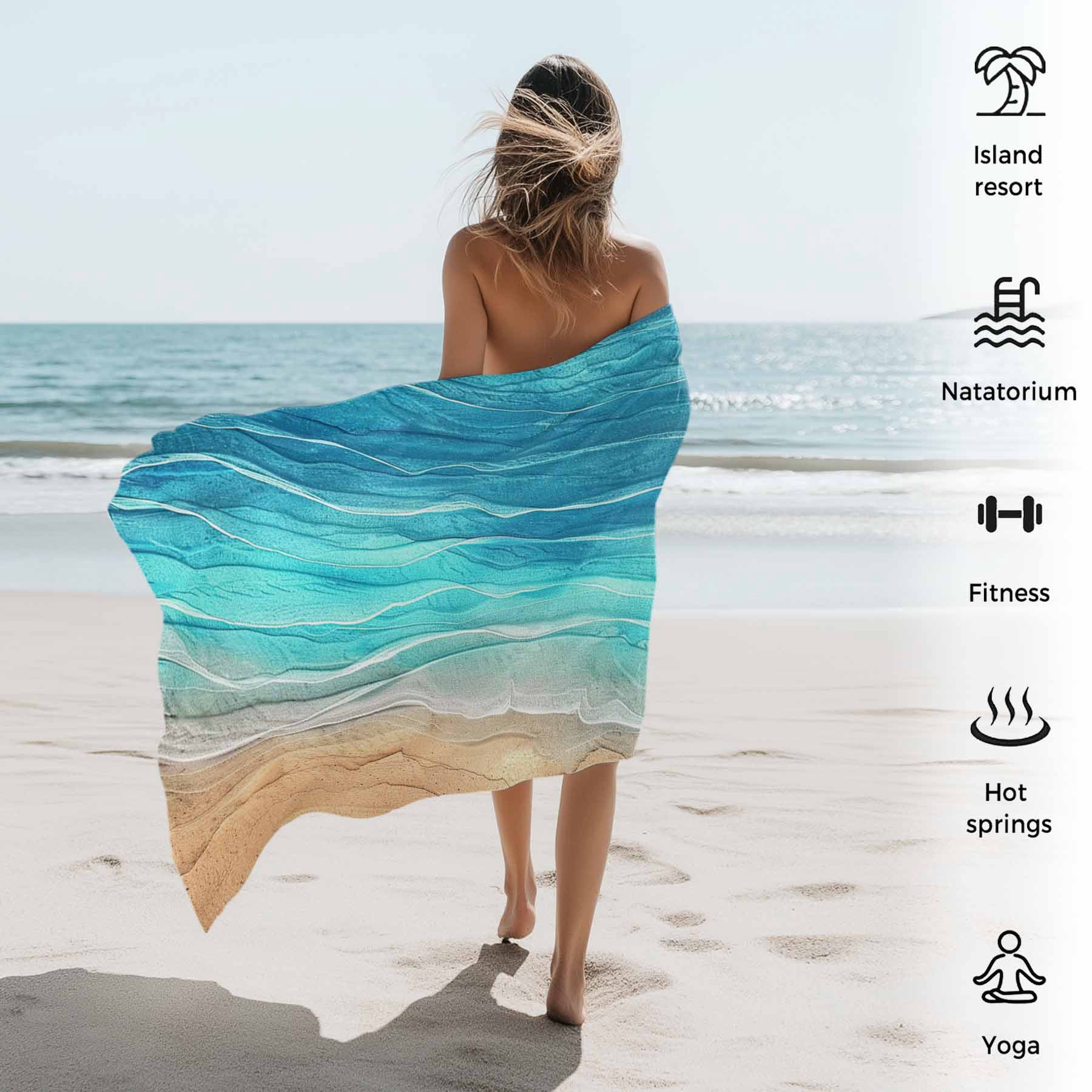 Turquoise Coastal Beach Beach Towels Blanket Soft&Absorbent Quick Dry Microfiber Vintage Gradients Ocean Waves Pool Towels for Swimming ,Yoga, Sports, Gym, Camping,Large 35X70in,