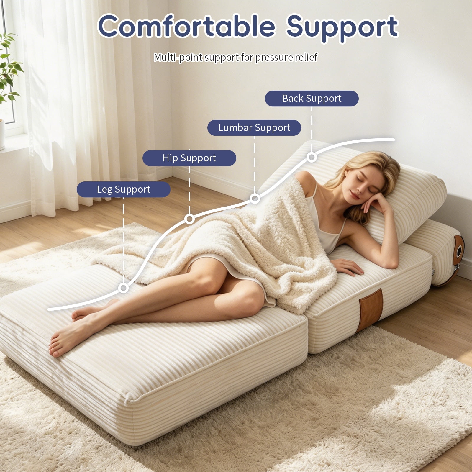 Leumius Folding Sofa Bed,Convertible Chair Bed with Pillow and Back Support,Portable Fold Out Couch Floor Sofa for Living Room Bedroom,White