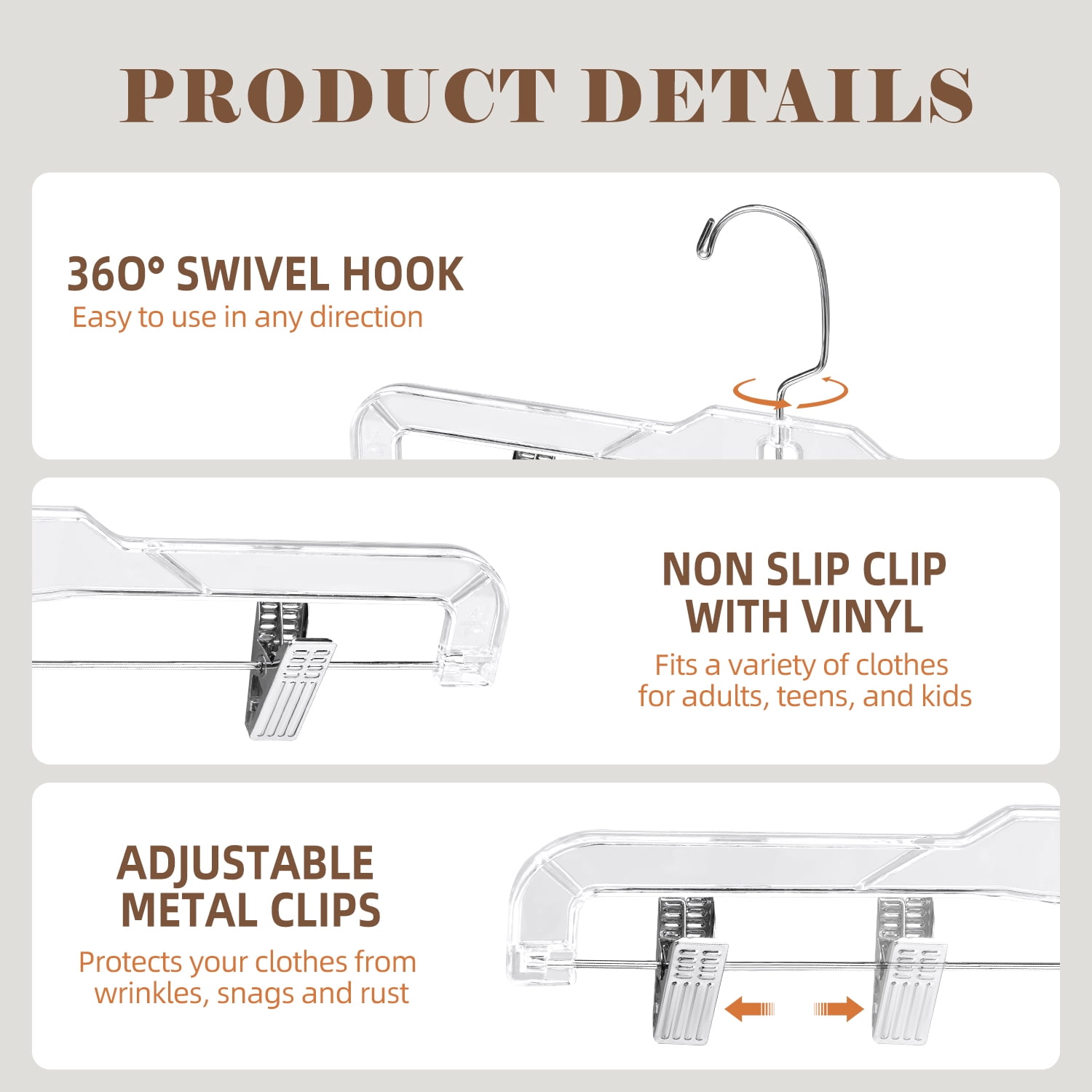 BagDream Clear Plastic Skirt Hangers with Clips, Pants Hangers 360-Rotating Swivel Hook, Clip Hangers for Pants, Trousers, Skirts, 15 Pack, 14 Inch