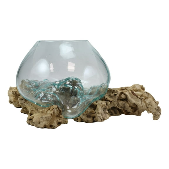 Balinese Handicraft Natural Driftwood With Hand Blown Molten Glass Bowl 9"L