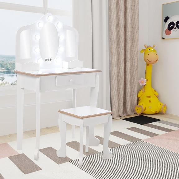 Kids' Vanity Set with 3 Mirrors and Light, Makeup Table and Stool for Girls, Vanity Table and Chair Set with Wood Makeup Playset for 4-9 Girls