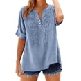 thumbnail image 3 of Craaazy Womens Embroidery V-Neck Tunic, Lightweight Cotton Linen Blend Short Sleeve Shirt for Beach, Vacation, Daily Outfits Gifts, 3 of 7