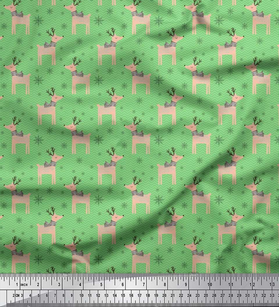 Soimoi Green Heavy Satin Fabric Reindeer & Snowflake Christmas Decor Fabric Printed Yard 54 Inch Wide