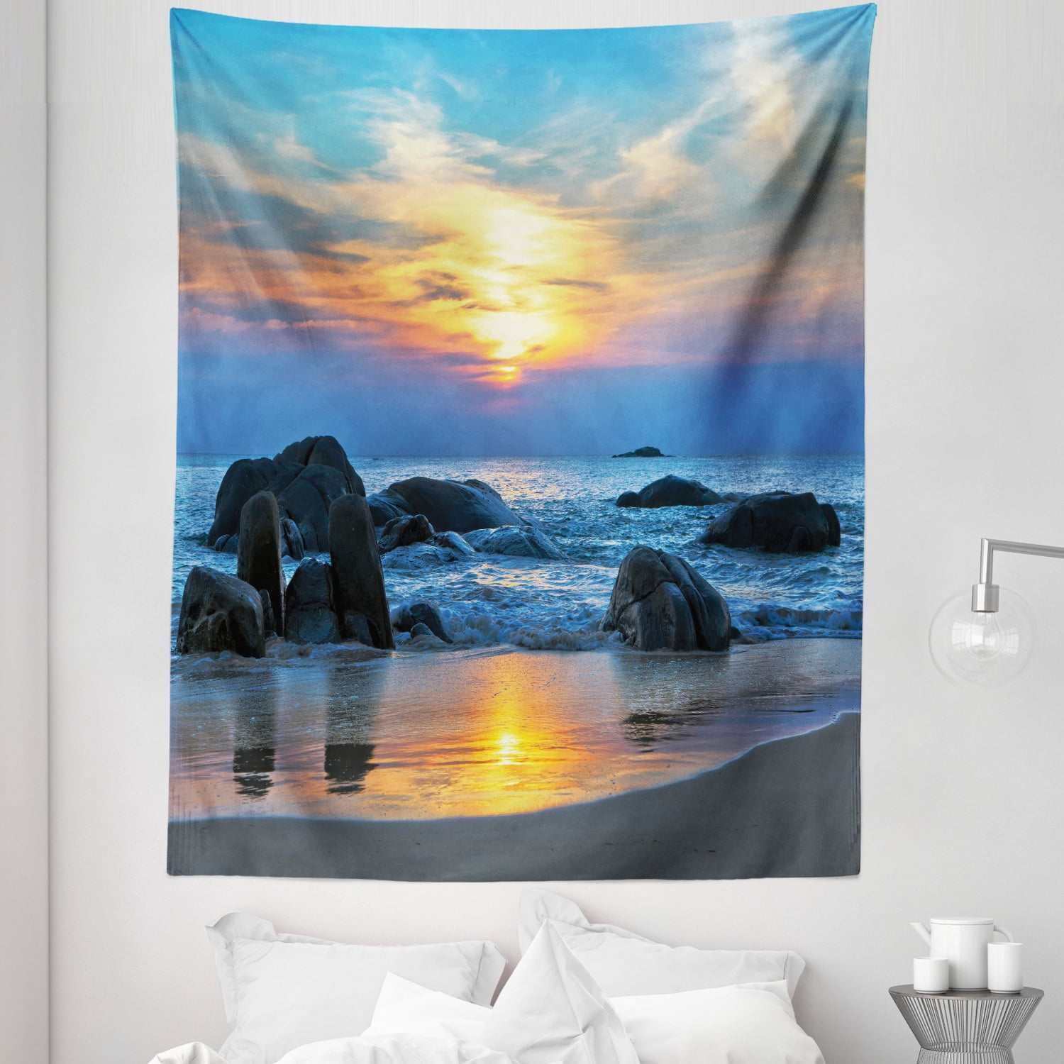 Sunset Tapestry, Sunset Scenery in Sandy Beach with Rocks and Waves Lonely Peace Morning Dream Earth, Fabric Wall Hanging Decor for Bedroom Living Sunset Tapestry, Sunset Scenery in Sandy Beach with Rocks and Waves Lonely Peace Morning Dream Earth, Fabric Wall Hanging Decor for Bedroom Living