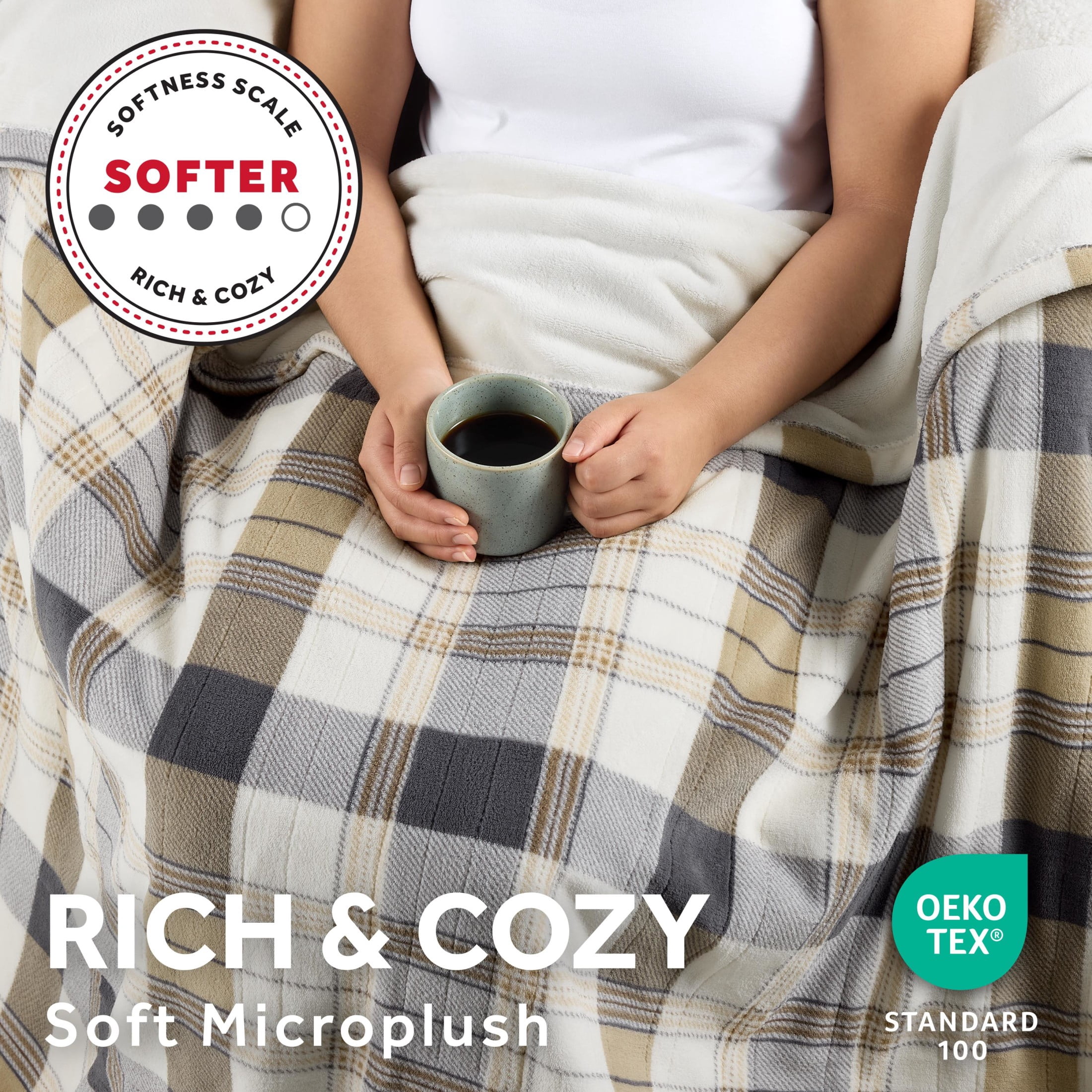 Sunbeam Electric Heated Throw Blanket Neutral Plaid Microplush 4 Heat Settings 50x70
