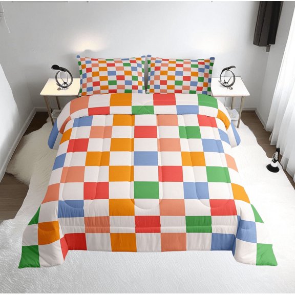 Erosebridal Checkered Gingham Comforter Sets Twin Size, Colorful Comforters & Duvets, Rectangle Geometry Decor, Ultra Soft 2pcs