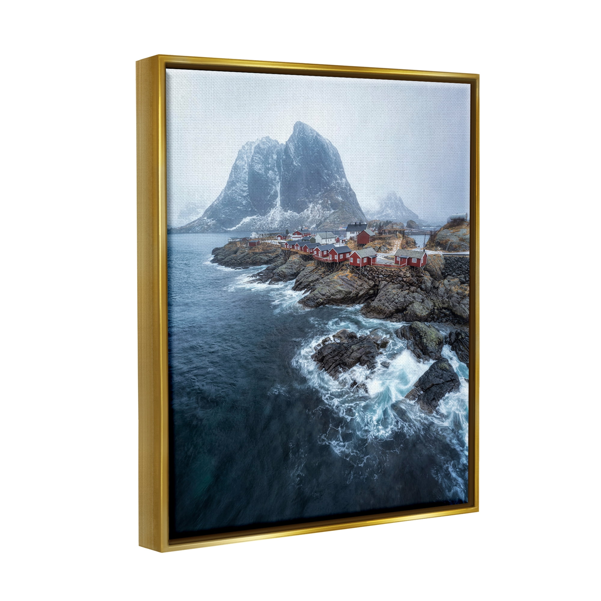 Stupell Industries Coastal Ocean Village Landscape Photography Gold Floater Framed Canvas Art Print Wall Art, 25 x 31