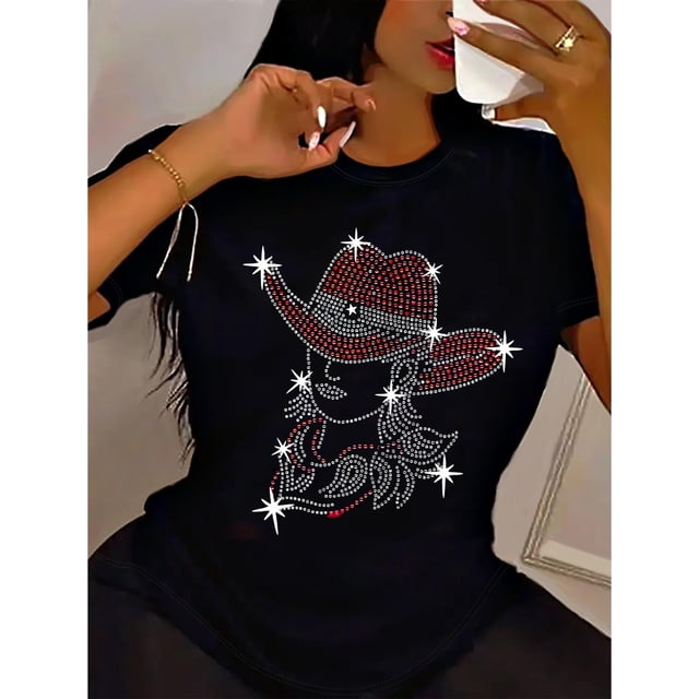 Women's Western Cowgirl Graphic T-Shirt, 100% Cotton Knit Fabric, Crew Neck Short Sleeve Casual Top,Camisetas para mujer, lindas camisetas con estampado gráfico, de manga corta, estilo casual, para ve