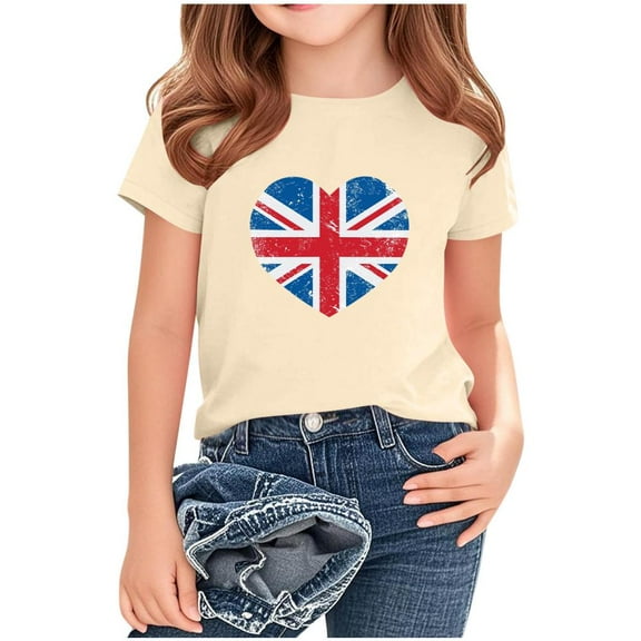 Bxsruta Girls T Shirts, Summer and Spring British National Flag Printed Fashion Children's Round Neck Short Sleeve School Blouse Printed T-shirt Shirt, Beige 2 Years
