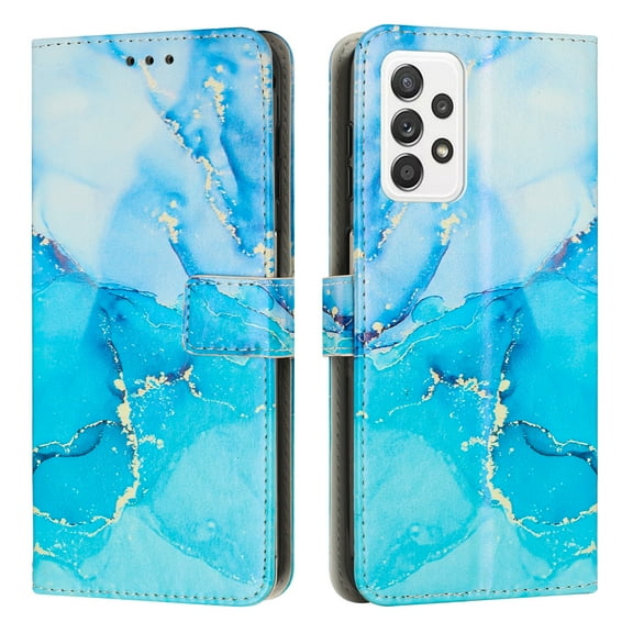 SaniMore Magnetic Closure Wallet Case for Samsung Galaxy A73 5G with Card Holder, Painted Marble Pattern PU Leather Cover Support Kickstand & Wrist Strap Shockproof Protective Shell, Blue