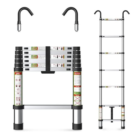 Aprleaf 6.5FT Telescoping Ladder with Anti-Slip Hooks, Aluminum Retraction Collapsible Extension Ladder, 330 LBS Capacity with Non-slip Feet, Portable Multi-purpose Compact Ladder for Home, RV, Loft