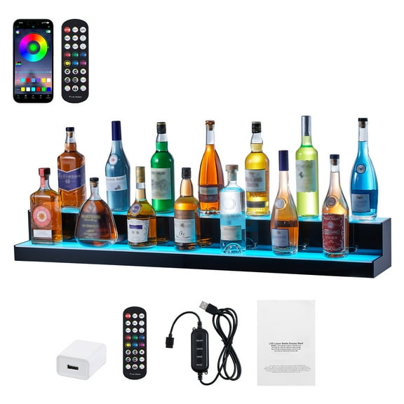 KFFKFF 2 Layers Liquor Bottle Display, LED Illuminated Bottle Display, 48" Bar Shelf for Home & Commercial Use, Acrylic Beverage Rack with RF Remote & App, Multicolor Lights