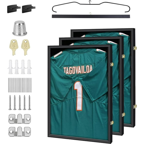Shadow Box Frame, Jersey Frame, Display Case, Jersey Display Extra Large Frame 32’’ x 24’’ with Locks, Hangers, Velvet Pinboard, and Wall Mount for Jersey and Uniform (Set of 3)