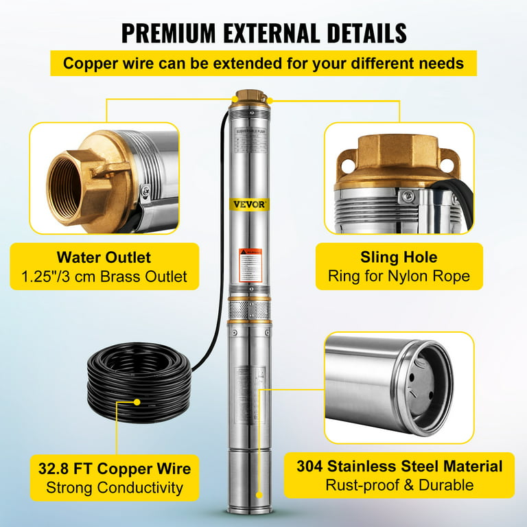 VEVORbrand Deep Well Pump 1 HP Submersible Well Pump 33GPM Deep Well Pump  207ft Head with 9.8ft Cable Water Well Pumps Submersible Stainless Steel  for Factories, Farmland, Irrigation Use 