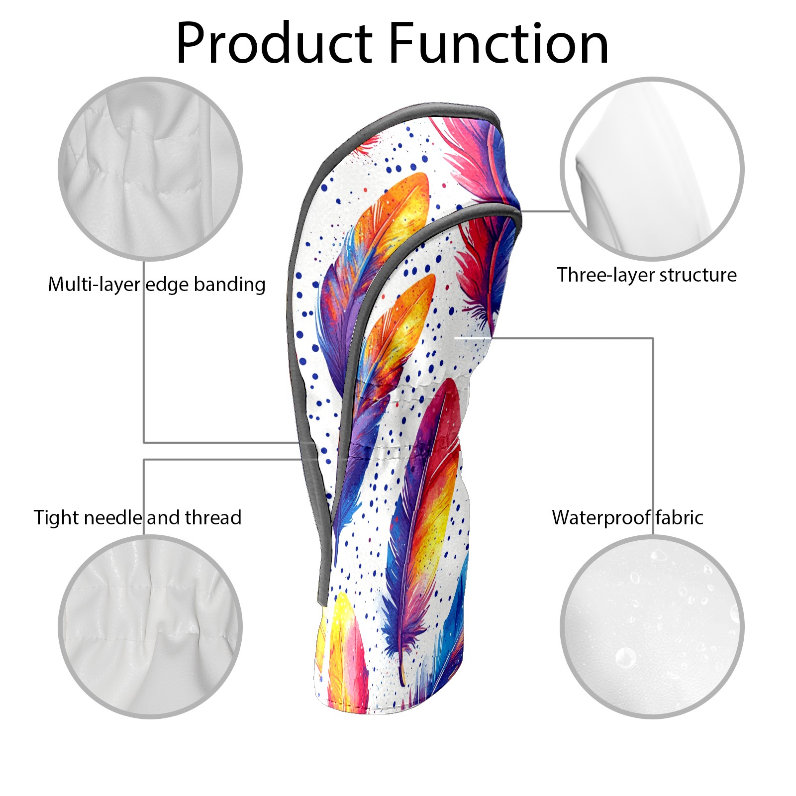 Golf Club Covers, Rainbow Feathers Premium PU Leather Driver Hybrid Putter Head Covers with Velvet Lining, Waterproof Golf Gifts for Men Women