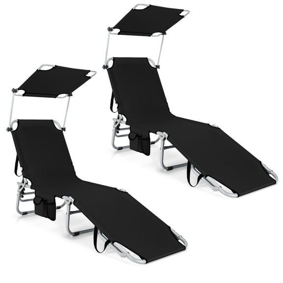 Gymax Set of 2 Foldable Lounge Chair Adjustable Outdoor Beach Patio Recliner W/ Sun Shade