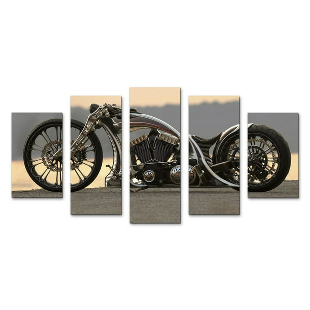 Juego de Cuadros Decorativos, Moto Chopper de Exhibición al Atardecer, Estilo Lujo y Diseño, 5 Piezas, Ideal para Salas y Oficinas Modernas, 150x80cm