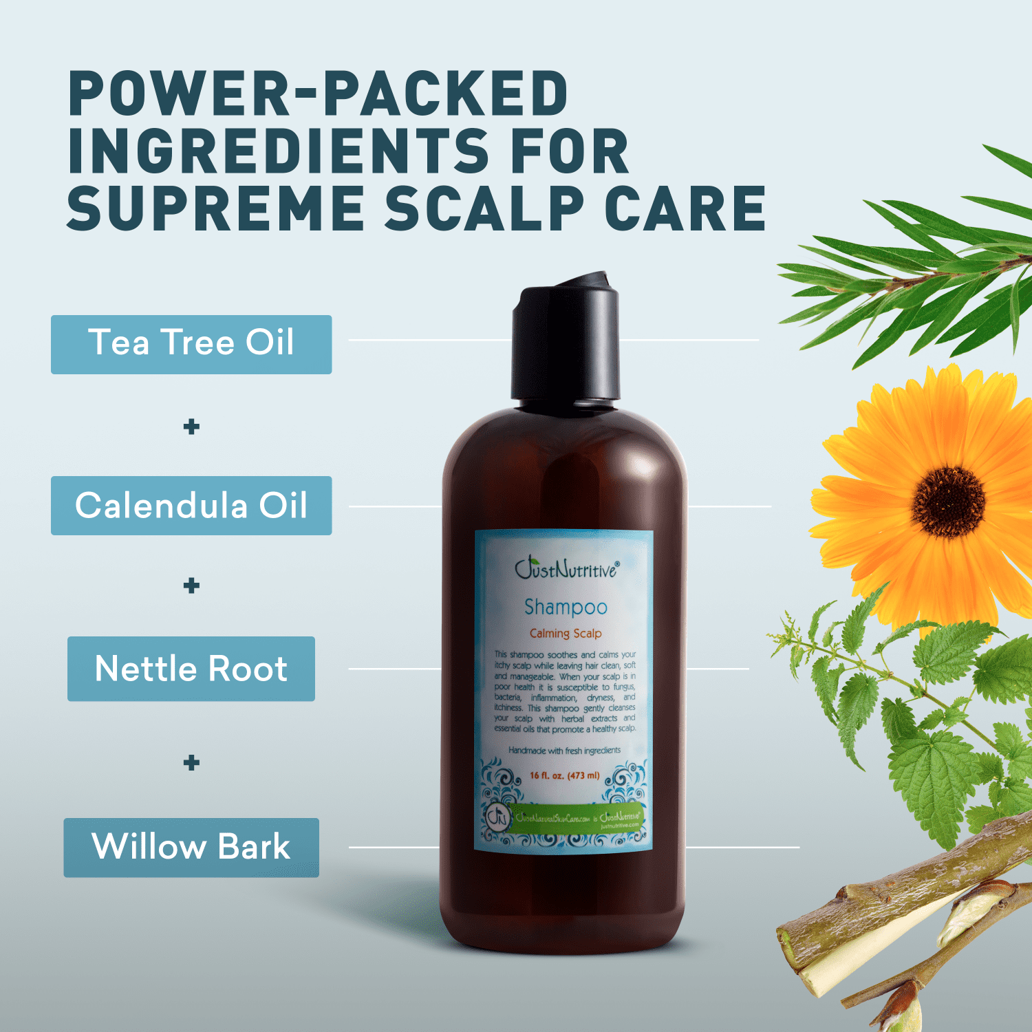 Just Nutritive Organic Anti Dandruff Sulphate Free Itchy Scalp Calming Shampoo with Calendula, Nettle & Peppermint, 16oz
