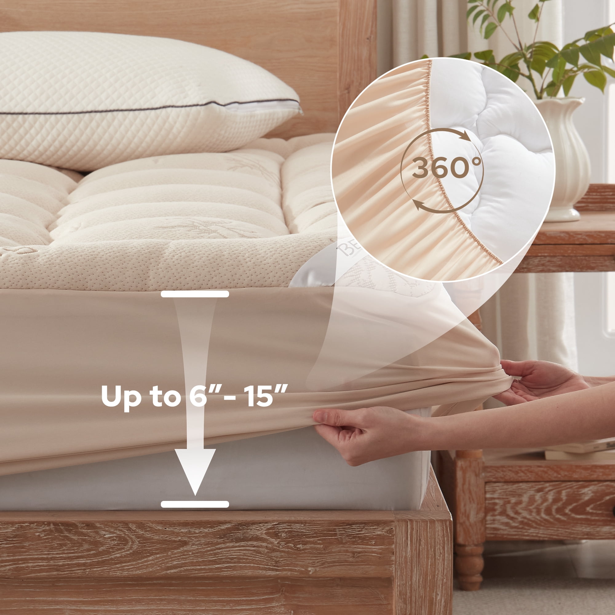 BEDLORE Twin Mattress Topper, Bamboo Pillow Top Pad for Back Pain Relief, Thick Soft Mattress Cover with Deep Pockets 6-15 inch(Beige)