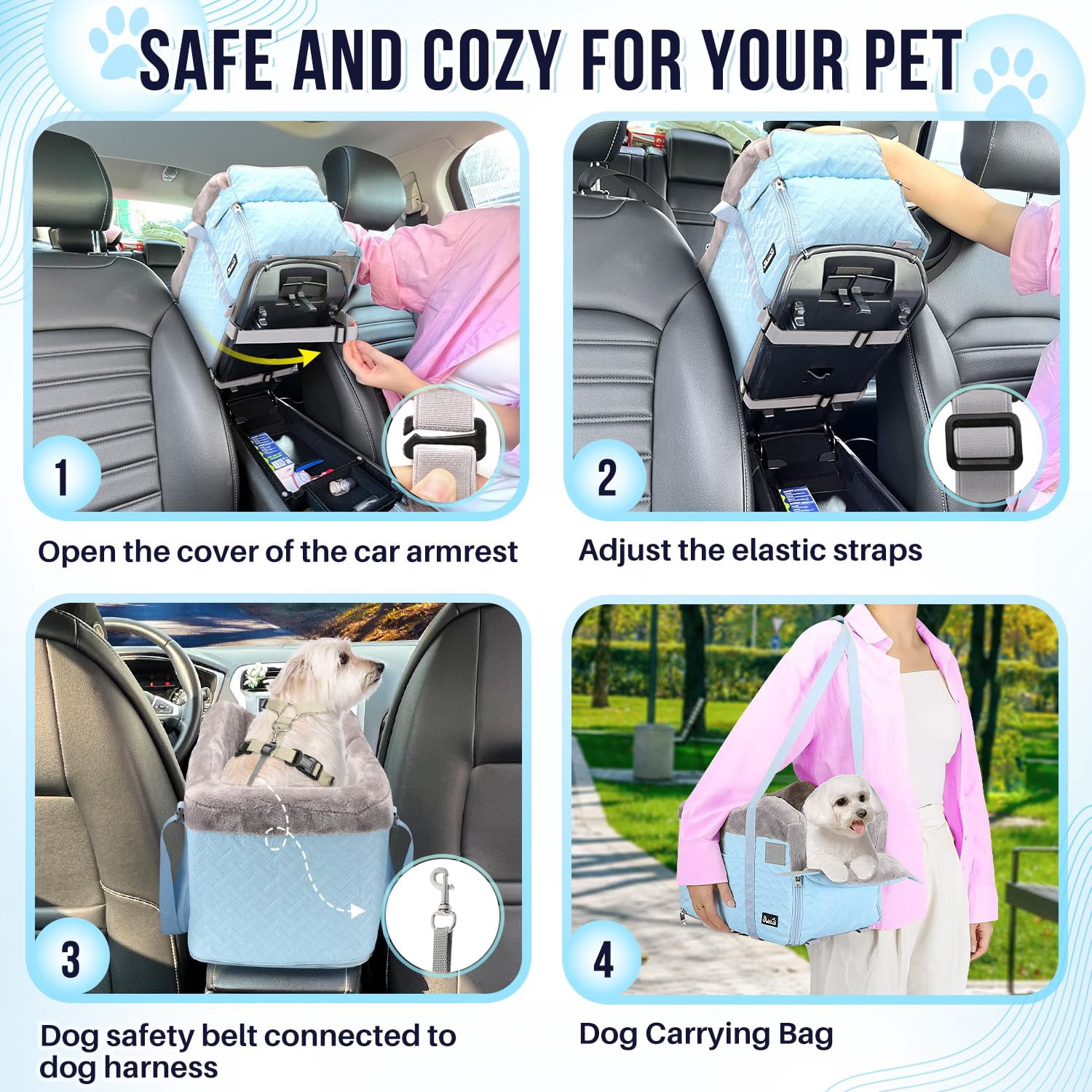 Console Dog Car Seat - Portable Center For Small Dogs Up To 9 Lbs  Washable Pet Carseat With Soft Cushion Safe Protection Hooks & Storage Pocket Blue