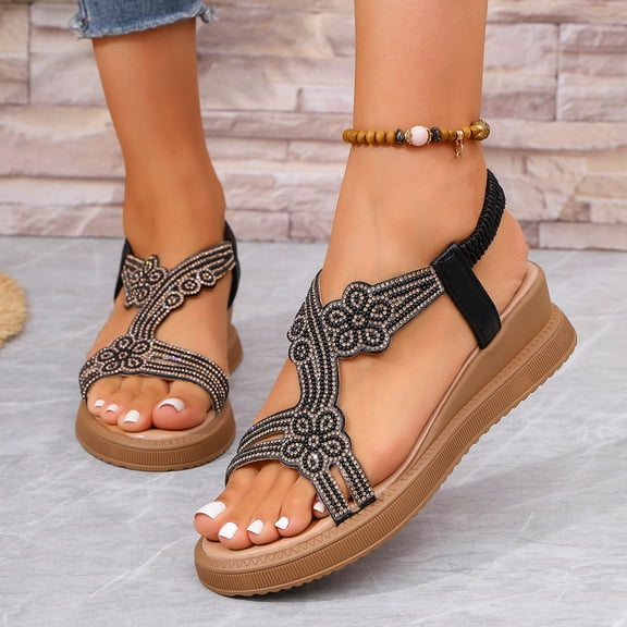Viluyesy Women's Gladiator Sandals, Shiny Rhinestone Open Toe Ankle Elastic Strap Summer Casual Beach Wedge Shoes Black