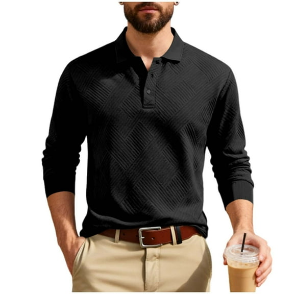 Men's Jacquard Knit Shirt Solid Long Sleeve Quarter Button Lapel Pullover Work Top Black XS