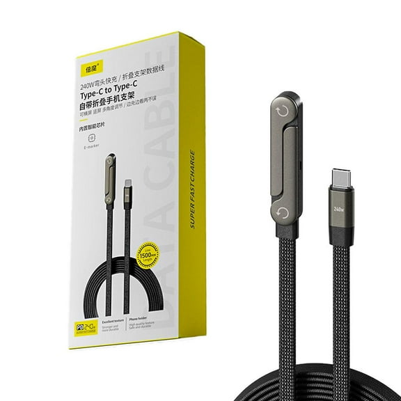 240W Folding Holder with Braided Cable, Foldable Mobile Phone Holder Data Cable, 2025New Alloy Nylon Braided Type C Charger Cord for Phone