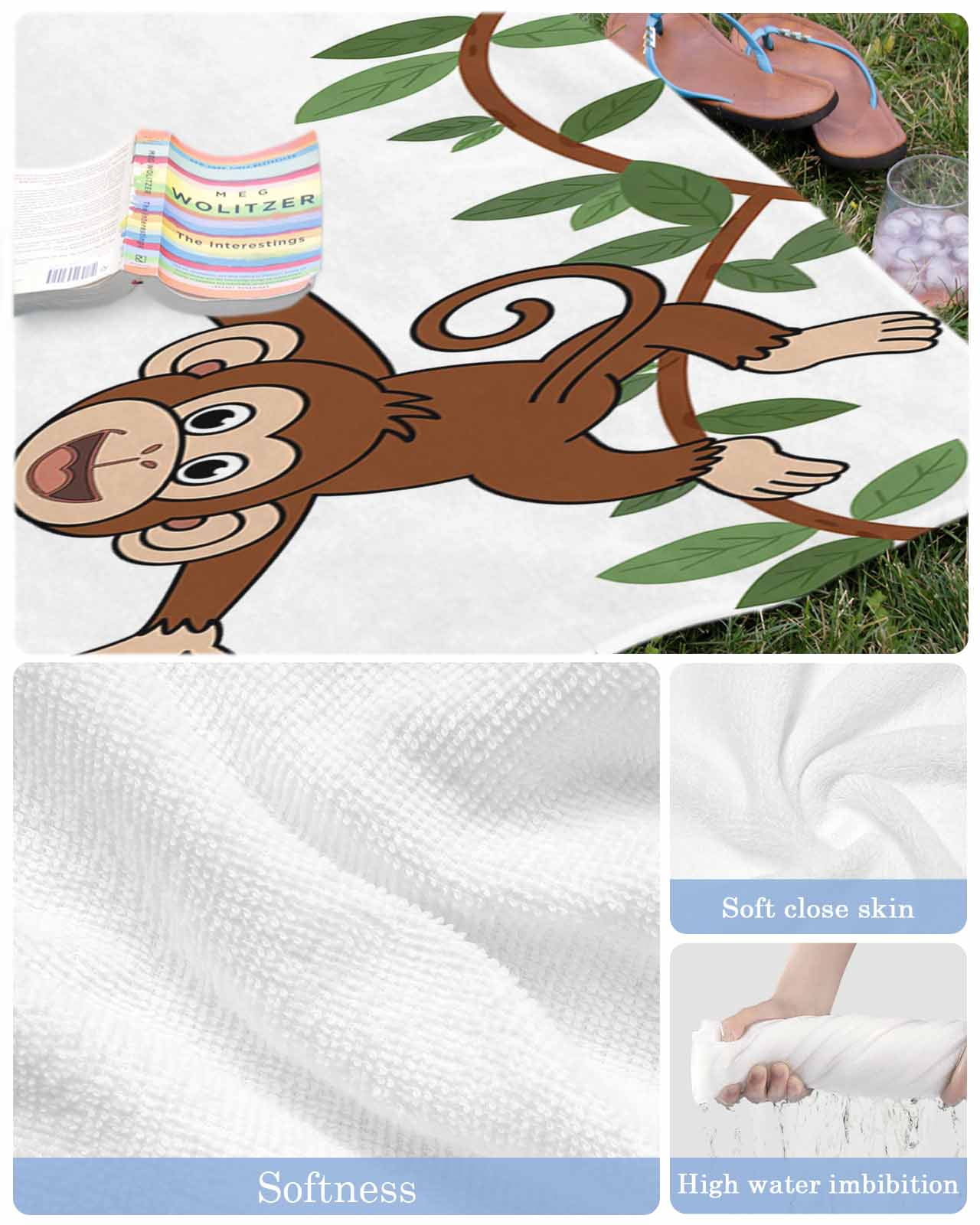 Brown Cute Monkey Beach Towels Oversized Super Absorbent, Playing Funny Animal on Branch Lightweight Bath Towel Quick Dry Sets For Bathroom/Pool/Rv Camping/Beach Play/Gym Room/Picnic 23"x47"
