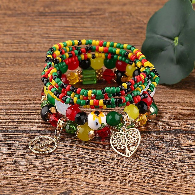 1 pulsera multicapa con cuentas bohemias, brazaletes elásticos de hebra con cuentas apilables, mezcla de cristal brillante, colgante de borla, pulsera con cuentas multicapa Feliz Sencillez