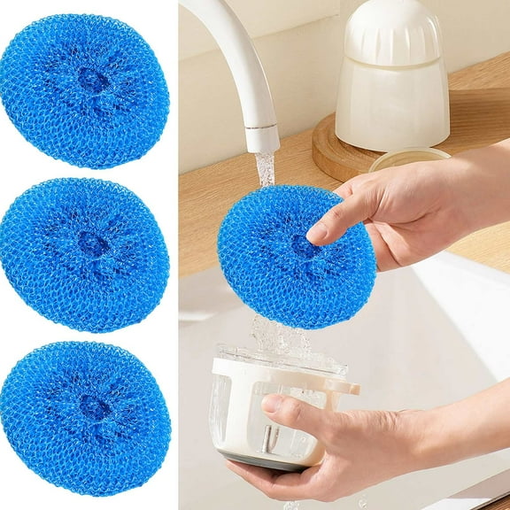 LKZQHMC 3 Pcs 3.15 Inch Plastic Dish Scrubbers for Dishes Pot Round Scrubber Scouring Pad Non-Scratch Polypropylene Cleaning Balls for Dishes, Pots, Aquarium Crafts, Blue