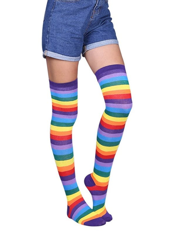 Women's Extra Long Striped Socks Over Knee High Opaque Stockings ...