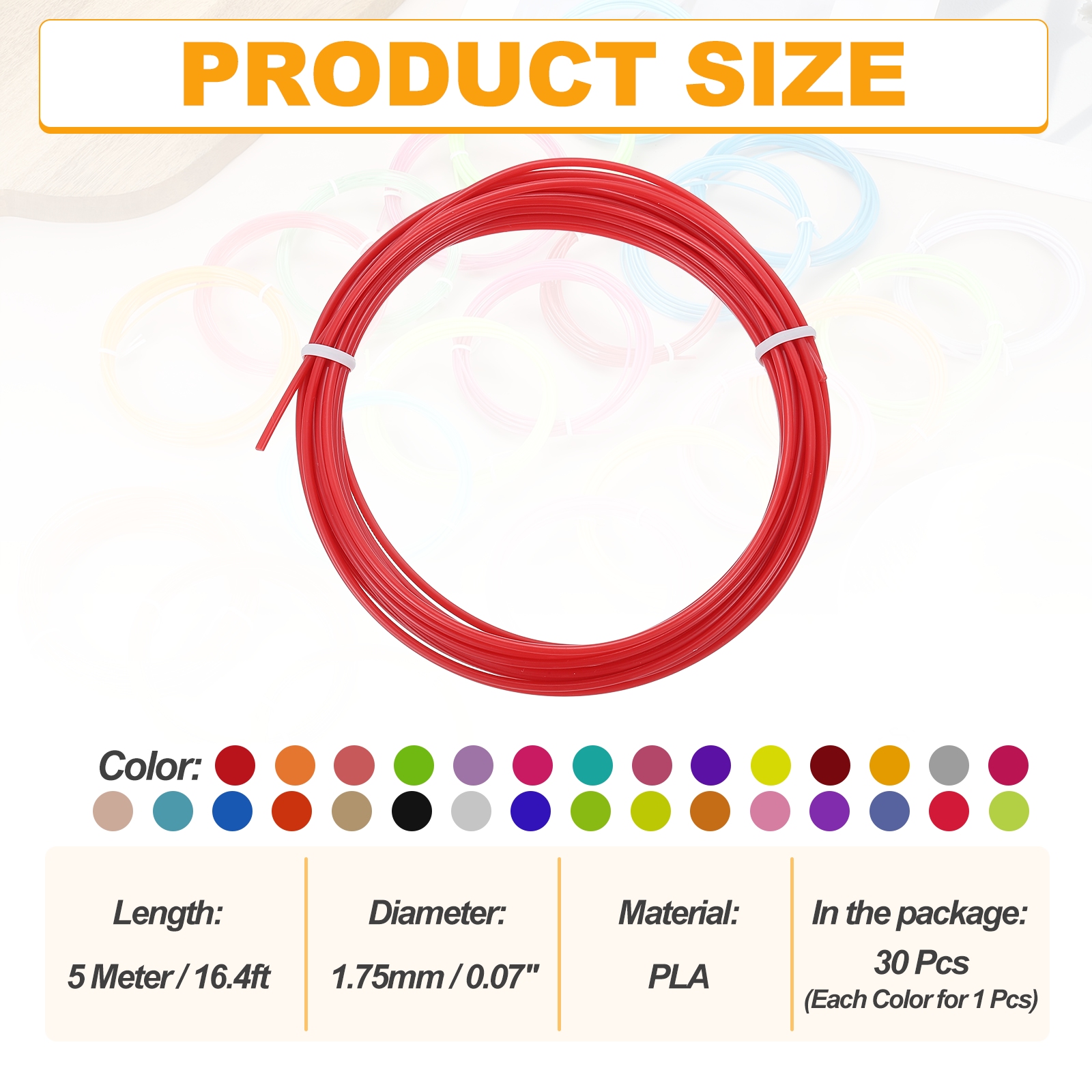 Uxcell 30 Pcs 3D Pen Filament, 1.75mm Dia 16.4ft Length PLA 3D Printing Pen Filament Refills for 1.75mm 3D Printing Pen, 30 Colors