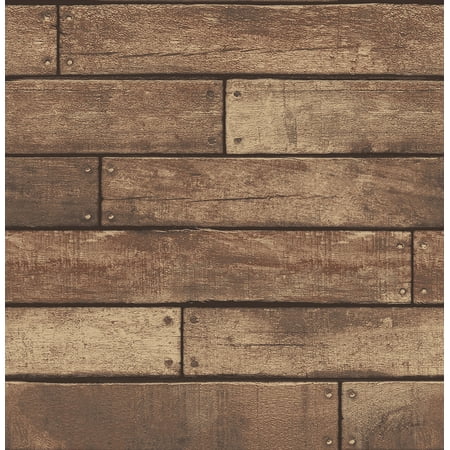 Brewster Weathered Brown Nailhead Plank Wallpaper