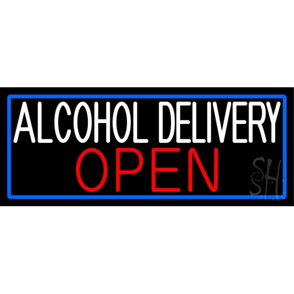 Alcohol Delivery Open With Blue Border LED Neon Sign 10 x 24 - inches, Clear Edge Cut Acrylic Backing, with Dimmer - Bright and Premium built indoor LED Neon Sign for restaurant decor.