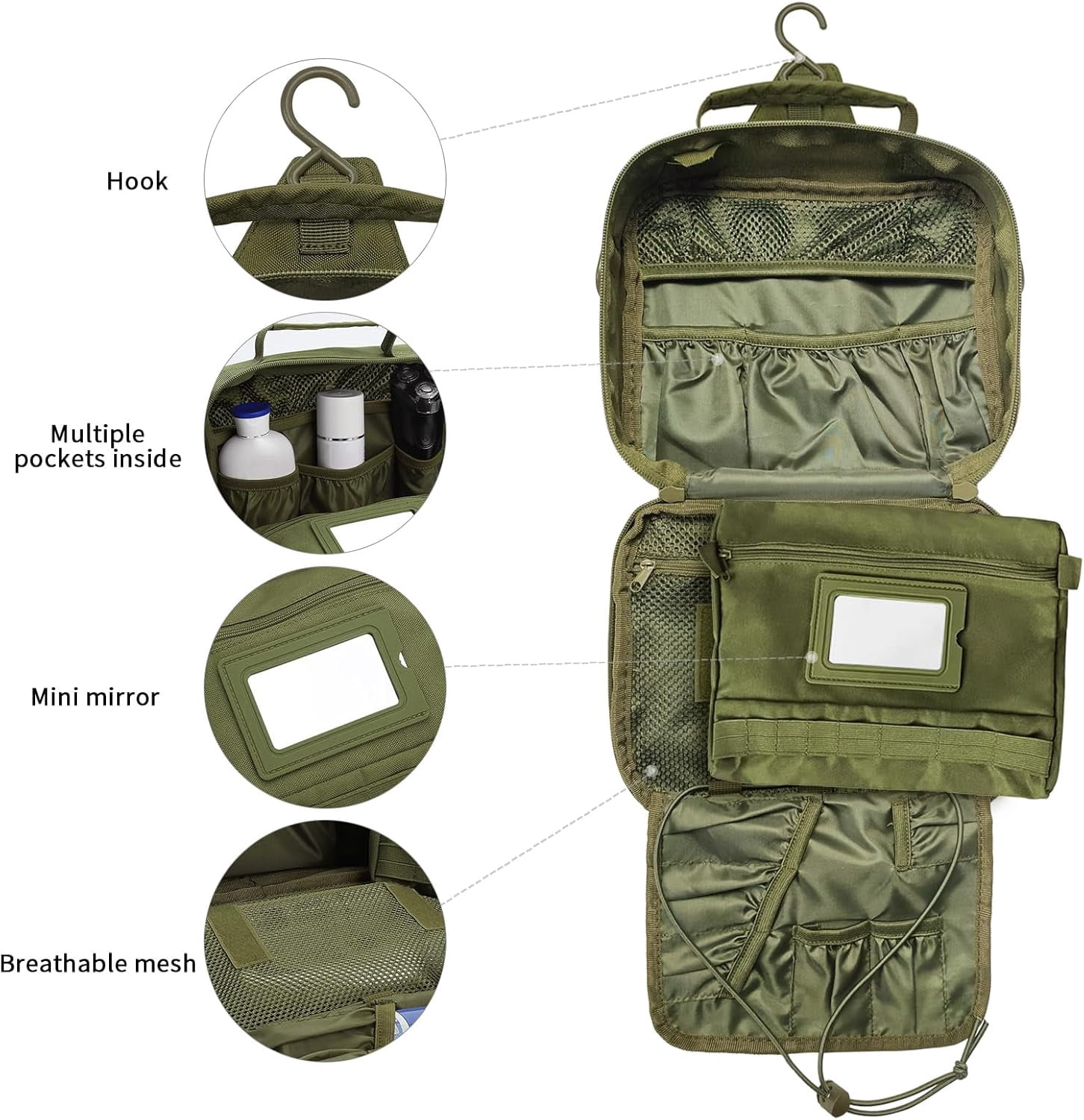Travel Hanging Toiletry Bags,Tactical Toiletry Bag for Men,Bathroom Essentials Men's Toiletry Bag for Camping,Toiletries Organizer Dopp Kit, Travel Cosmetic Bag,Shaving Hygiene Bag-Green