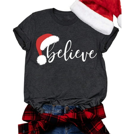 YI XIANG RAN Believe Christmas T Shirts Women Christmas Graphic T-Shirts Believe Letter Print Tees Holiday Tops (XX-Large)