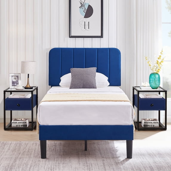 VECELO 3-Piece Modern Bedroom Set with Twin Upholstered Bed Frame and 2 Nightstand, Blue