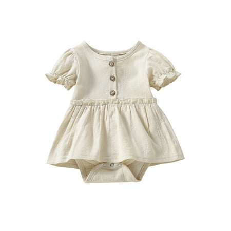 

Calsunbaby Newborn Girl Short Sleeve Romper Solid Color Button Round Neck Patchwork Dress Playsuit