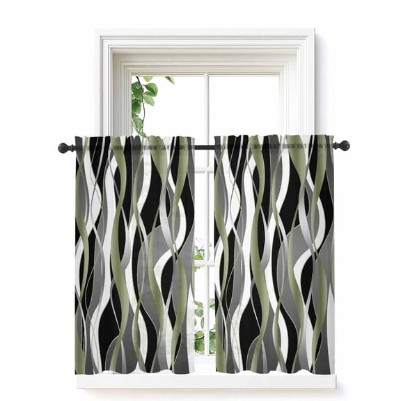 Sage Green Stripe Tier Curtains 45 Inch Length,Sheer Curtains for Bedroom Living Room,Grey Moire Geometric Modern Abstract Rod Pocket Voile Drapes Kitchen Curtains for Small Window 27.5"x45" 2 Panels