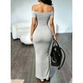 thumbnail image 4 of Womens Grey Off-The-Shoulder Ruched Short Sleeve Bodycon Long Dress, 4 of 5