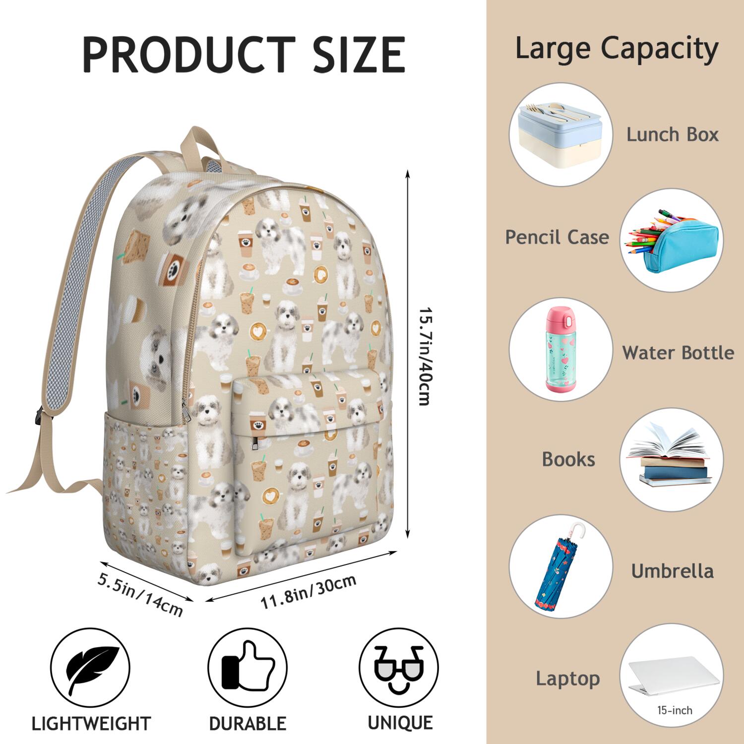 Puppy and Bone Print Backpack, Lightweight School Bag with Cute Furry Dog Design and Minimalist Pattern