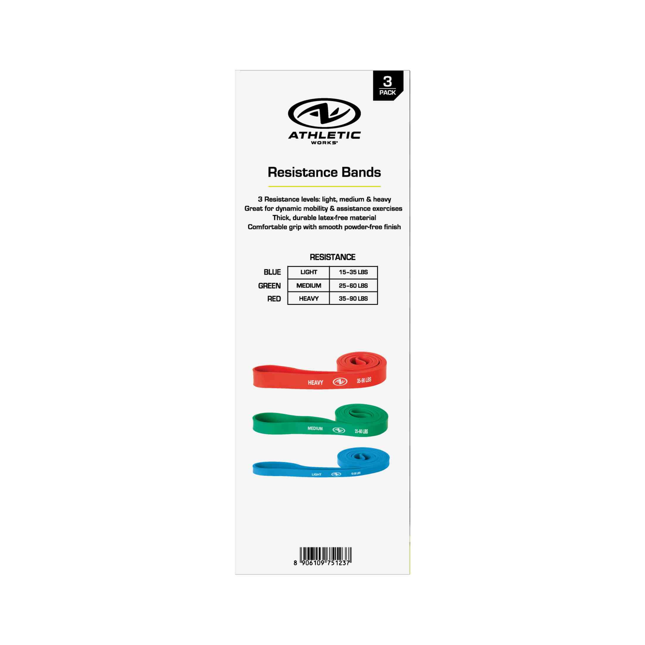 Athletic Works Resistance Bands, Latex Free Material, Set of 3 Levels : Light, Medium, Heavy