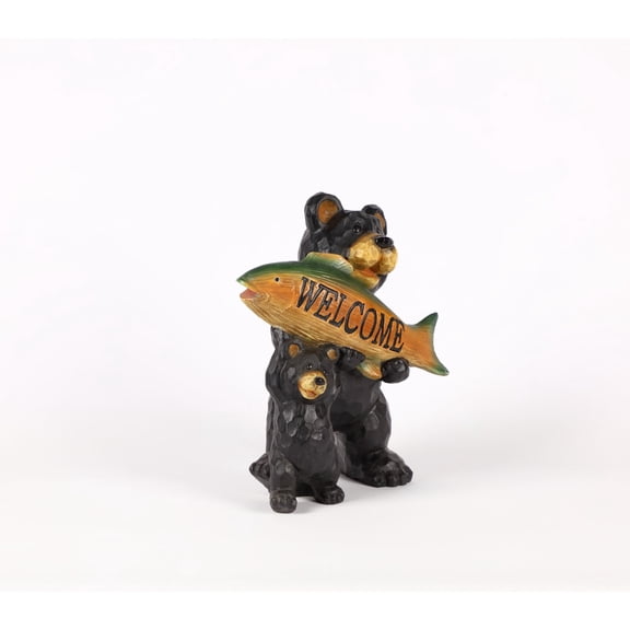 Hi-Line Gifts Bear and Cub Holding Fish Welcome Sign Outdoor Garden Statue - 11.25" - Black and