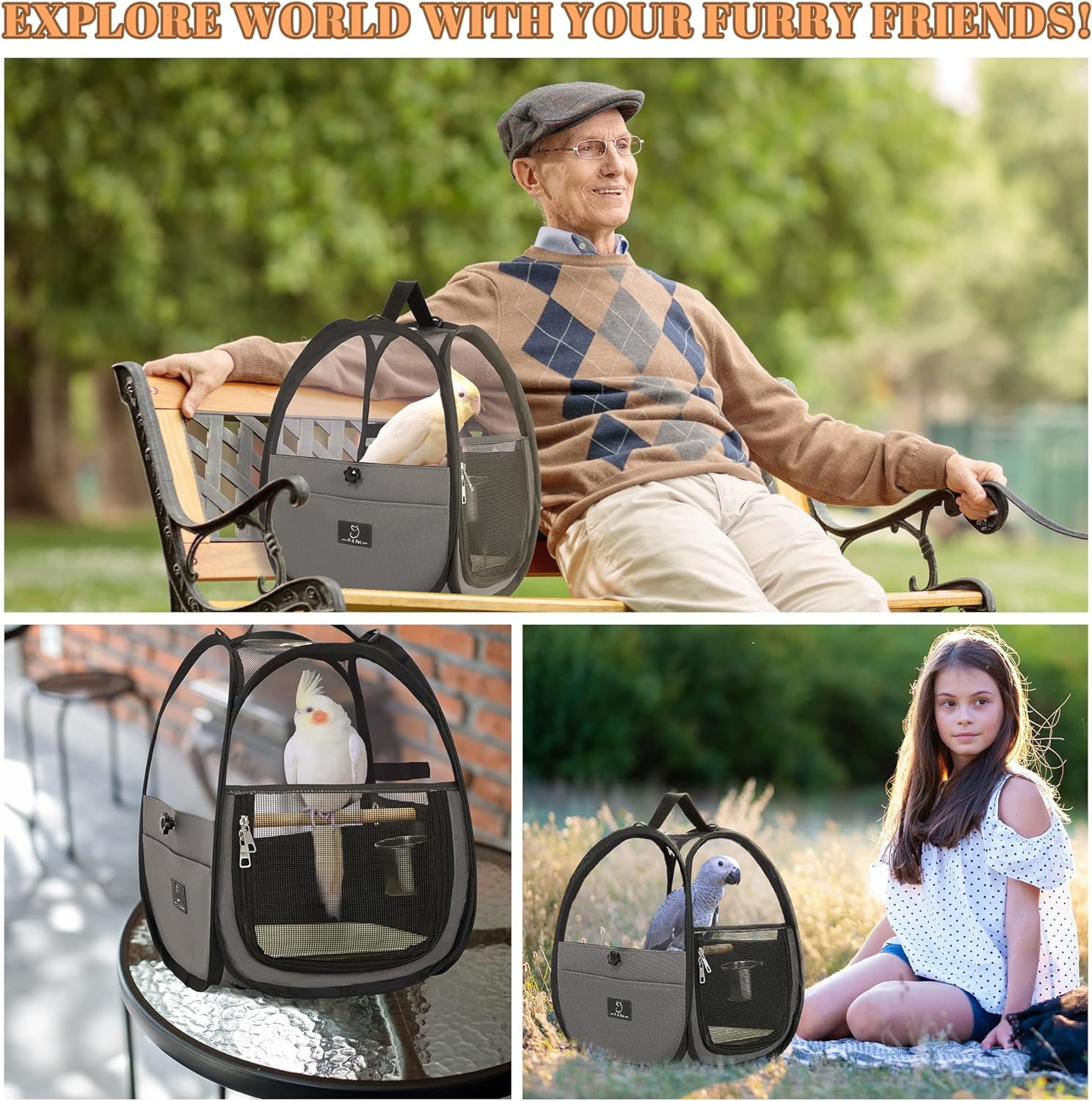 Bird Carrier for Travel with Clear Windows, Breathable Safe Fabric, Lightweight Small Bird Cage with Tray, Stand and Feeder, Portable Pet Bag for Parrot, Vet Visit, Outdoor, Small Animals