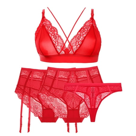 Varsbaby Women s Wirefree Bra and Lace Thongs Sexy Lingerie Set and High Waist Panties 4 Pieces