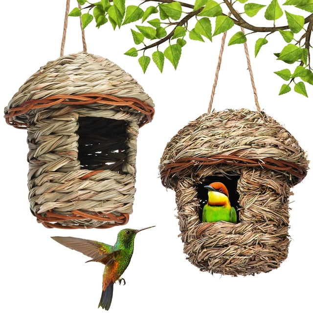 2 piezas de pajarera tejida, nido de pájaros hecho a mano, adecuado para pájaros pequeños como colibríes, tetas, casa para pájaros al aire libre Rojo Verde