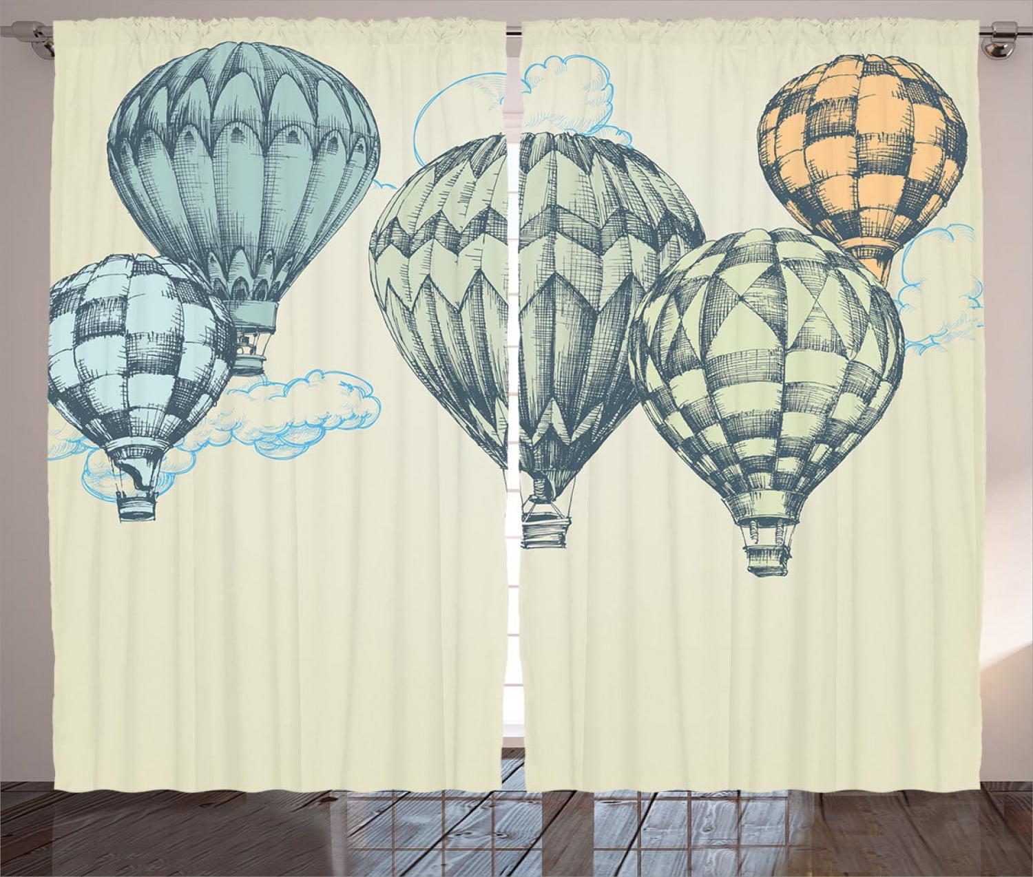 Vintage Decor Curtains 2 Panels Set, Hot Air Balloons in Soft Tone Fly