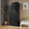 thumbnail image 5 of UGTOO 70" Black Fluted Armoire Wardrobe Closet with 2 Doors & 3 Drawers, Freestanding Wooden Wardrobe Cabinet with Hanging Rod & Gold Handles for Bedroom, 5 of 13