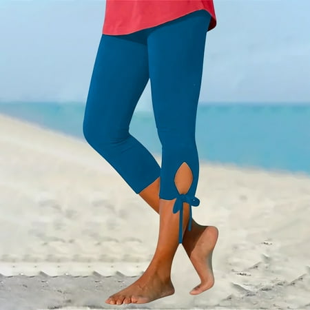 CLOISE Womens Capri Pants Stretch Leggings Elastic High Waisted Yoga Pants Petite Summer Casual Fashion Golf Pants Solid Soft Lightweight Cropped Trousers Light Blue 2XL