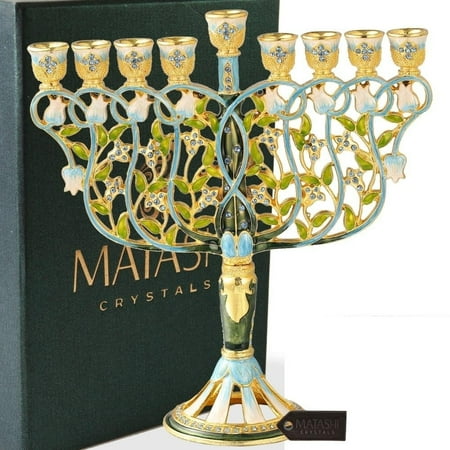 Matashi Hand-Painted Enamel Menorah Candelabra – Blue, Gold & White Floral Design with Crystals